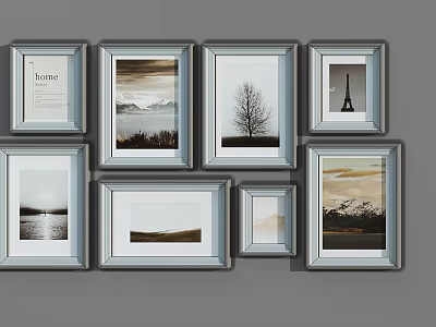 Stylish Picture Frames Collage With Various Landscape Art On Gray Wall 3d model