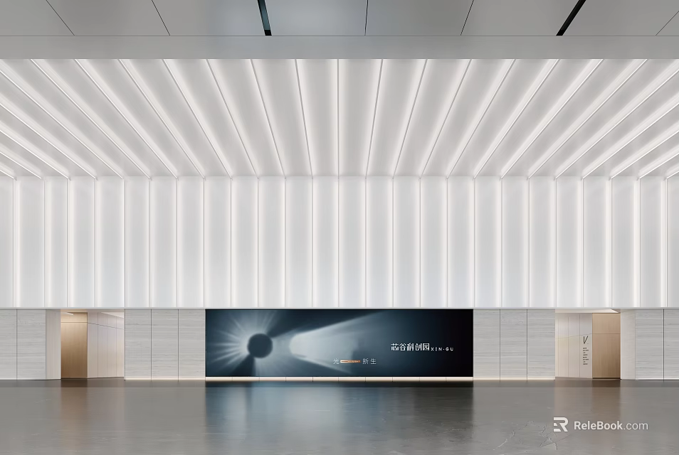 Modern Front Desk Interior Design With Striped Wall And Large Display Screen 3d model 