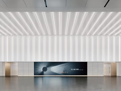 Modern Front Desk Interior Design With Striped Wall And Large Display Screen 3d model