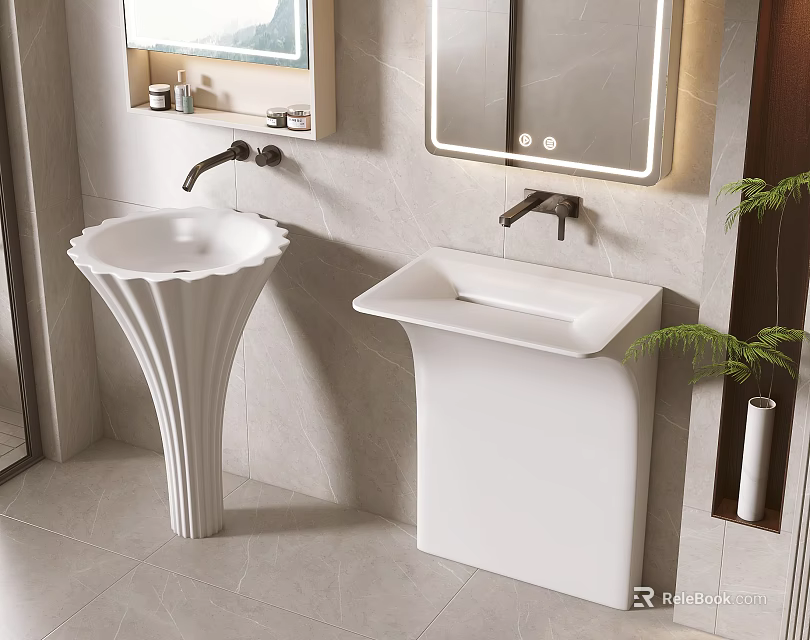 Modern Bathroom Washbasins With Pedestal And Countertop Designs Black Faucets Mirrors And Green Plants 3d model 