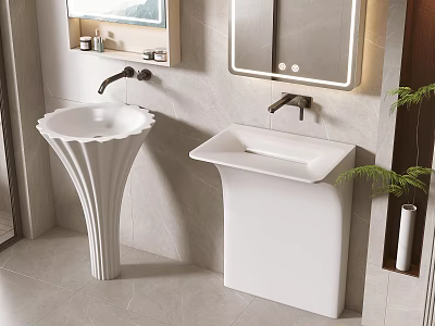 Modern Bathroom Washbasins With Pedestal And Countertop Designs Black Faucets Mirrors And Green Plants 3d model