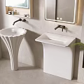 Modern Bathroom Washbasins With Pedestal And Countertop Designs Black Faucets Mirrors And Green Plants