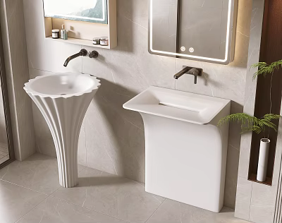 Modern Bathroom Washbasins With Pedestal And Countertop Designs Black Faucets Mirrors And Green Plants 3d model