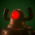 Bronze Robot Character With Red Eyes Mechanical Body And Rusty Metal Parts