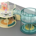 Colorful Children's Playground With Spiral Slide Transparent Fence And Yellow Stairs