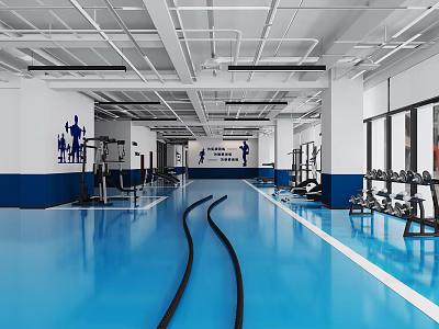 Modern Gym Interior With Fitness Equipment Battle Ropes And Blue Floor 3d model