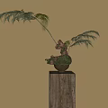 Elegant Bonsai Potted Plant With Feathery Leaves And Small Animal Decoration On Wooden Stand