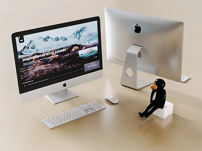 iMac Desktop Monitor on Wooden Desk with Webpage Display Keyboard Mouse and Small Monkey Decor 3d model