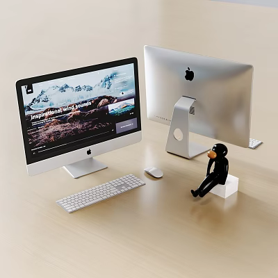 iMac Desktop Monitor on Wooden Desk with Webpage Display Keyboard Mouse and Small Monkey Decor 3d model