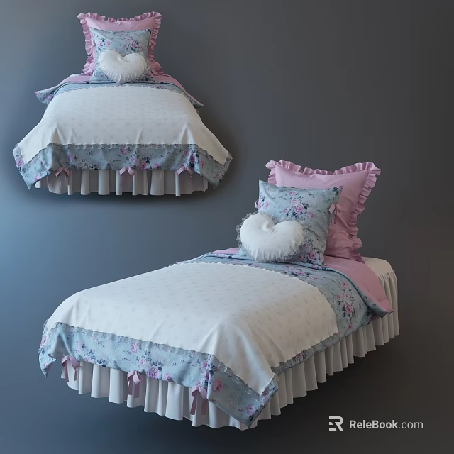 Pink And Blue Floral Single Bed With Ruffled Skirt And Heart Shaped Pillow 3d model 