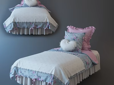 Pink And Blue Floral Single Bed With Ruffled Skirt And Heart Shaped Pillow 3d model