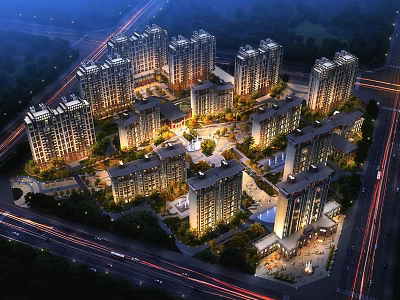 Aerial Planning of Modern Residential Complex with High Rise Buildings Night Lighting Roads and Greenery 3d model