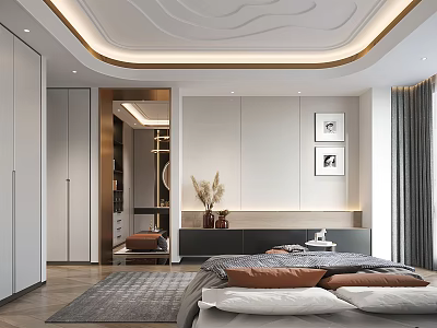 Modern Bedroom Interior Design With Bed Nightstand Decorative Paintings Curved Ceiling Rug And Wardrobe 3d model
