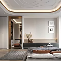 Modern Bedroom Interior Design With Bed Nightstand Decorative Paintings Curved Ceiling Rug And Wardrobe