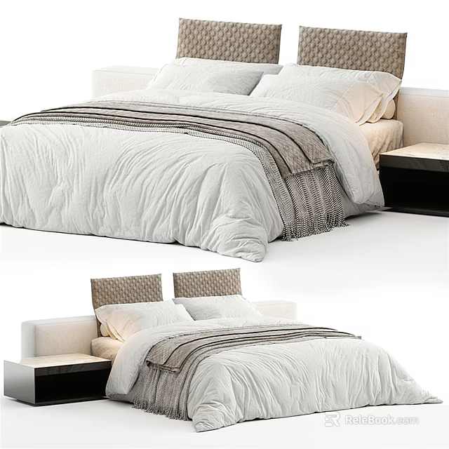 Double Bed With White Quilt Gray Stripes And Upholstered Headboard In Bedroom 3d model 