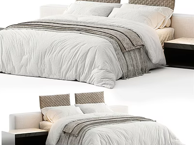 Double Bed With White Quilt Gray Stripes And Upholstered Headboard In Bedroom 3d model
