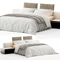Double Bed With White Quilt Gray Stripes And Upholstered Headboard In Bedroom