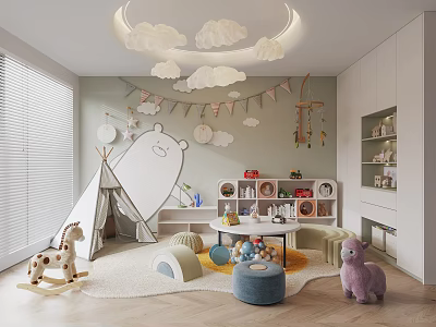 Cozy Kids Playroom With Tent Toys And Cloud Lights 3d model