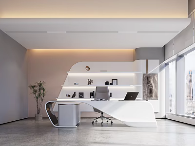Modern Office Interior With Minimalist Desk Ergonomic Chair Green Plant And City View Through Windows 3d model