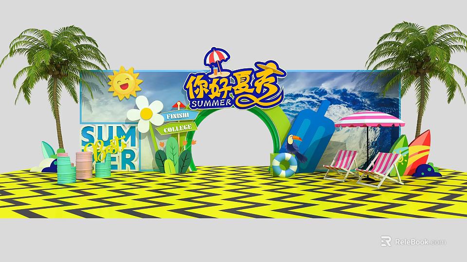 Summer Themed Photo Check-in Spot With Sunflower Palm Trees Beach Chairs And Wave Backdrop 3d model 