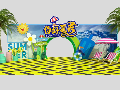 Summer Themed Photo Check-in Spot With Sunflower Palm Trees Beach Chairs And Wave Backdrop 3d model