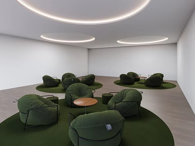 Green Sofas In Modern Interior On Circular Rugs With Wooden Coffee Tables And Round Lights 3d model