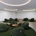 Green Sofas In Modern Interior On Circular Rugs With Wooden Coffee Tables And Round Lights