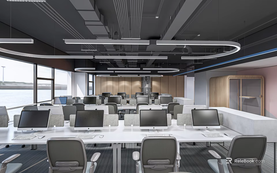 Modern Office Interior With Workstations Grey Chairs Computer Monitors Large Windows And Circular Lights 3d model 