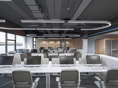 Modern Office Interior With Workstations Grey Chairs Computer Monitors Large Windows And Circular Lights 3d model