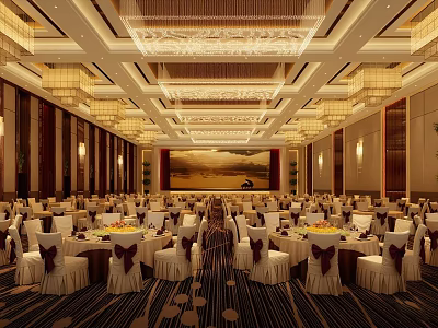 Luxury Spacious Modern Hotel Banquet Lobby With Elegant Dining Furniture And Exquisite Decorative Ceiling Lighting 3d model