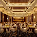 Luxury Spacious Modern Hotel Banquet Lobby With Elegant Dining Furniture And Exquisite Decorative Ceiling Lighting