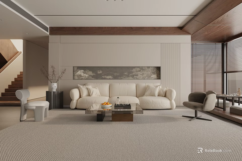 Modern Living Room With Beige Sofa Coffee Table Chairs Wall Painting Wooden Ceiling And Carpet 3d model 