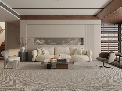 Modern Living Room With Beige Sofa Coffee Table Chairs Wall Painting Wooden Ceiling And Carpet 3d model