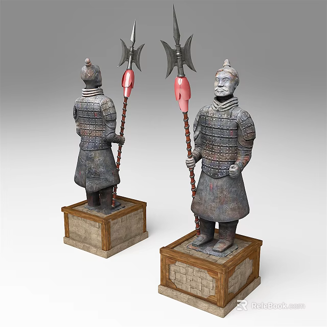 Ancient Terracotta Warrior Sculptures With Armored Details And Weaponry On Wooden Bases 3d model 