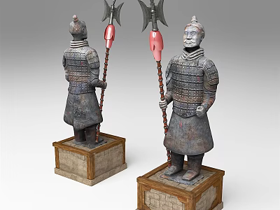 Ancient Terracotta Warrior Sculptures With Armored Details And Weaponry On Wooden Bases 3d model