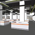 Supermarket Department Store Interior With White Pillars Shelves And Orange Striped Counters 3d model