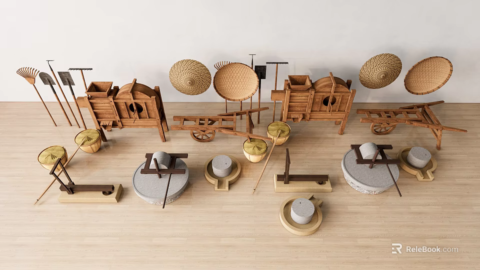 Traditional Wooden Industrial Equipment Including Carts Stone Mills Bamboo Hats And Buckets 3d model 