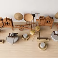 Traditional Wooden Industrial Equipment Including Carts Stone Mills Bamboo Hats And Buckets
