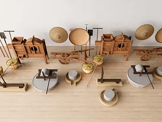 New Chinese Farming Tools Traditional Farming Tools Combination Stone Mill Hat Rice Bag Farming Rural Farming Tools 3d model