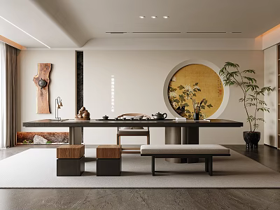 Elegant Modern Tea Room Interior With Circular Yellow Artwork Green Plants And Tea Table 3d model