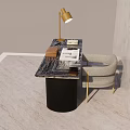 Modern Glass Top Desk With Drawers And Table Lamp On Concrete Floor
