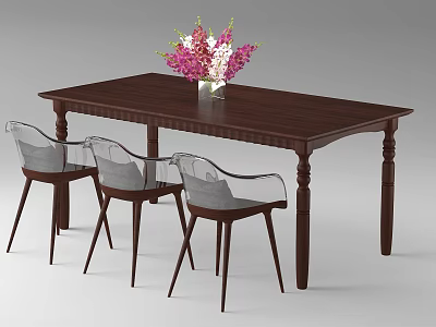 Restaurant Dining Area Featuring Dark Brown Wooden Table Transparent Back Chairs And Flower Vase 3d model