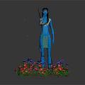 Blue Skinned Fantasy Movie Character Standing Amidst Colorful Flowers With Spear And Butterflies