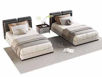 Two Single Beds Dark Headboards Beige Gray Striped Sheets Pillows Nightstand Plant Striped Rug Books 3d model