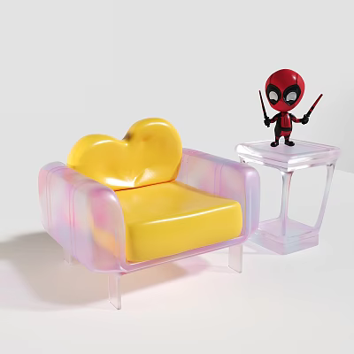 Yellow Heart Shaped Single Sofa With Transparent Frame And Red Figurine On Side Table 3d model