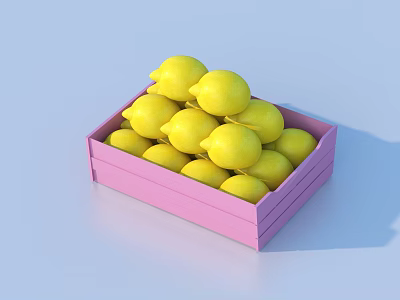 Fresh Ripe Lemons Filled in Pink Wooden Box on Light Blue Background 3d model