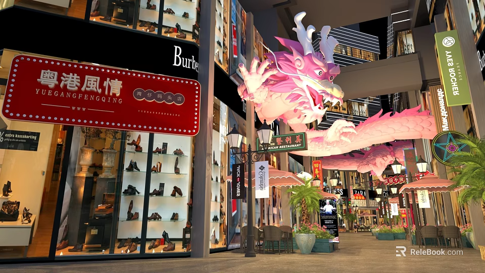 Hong Kong Style Commercial Street With Pink Dragon Decoration And Shoe Store Windows 3d model 