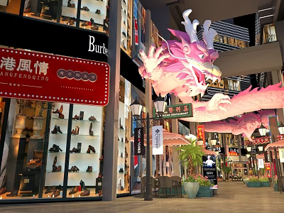 Hong Kong Style Commercial Street With Pink Dragon Decoration And Shoe Store Windows 3d model