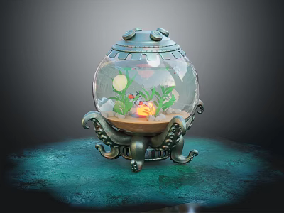 Decorative Spherical Fish Tank With Octopus Shaped Base Green Plants Seashells And Red Fish 3d model