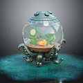 Decorative Spherical Fish Tank With Octopus Shaped Base Green Plants Seashells And Red Fish